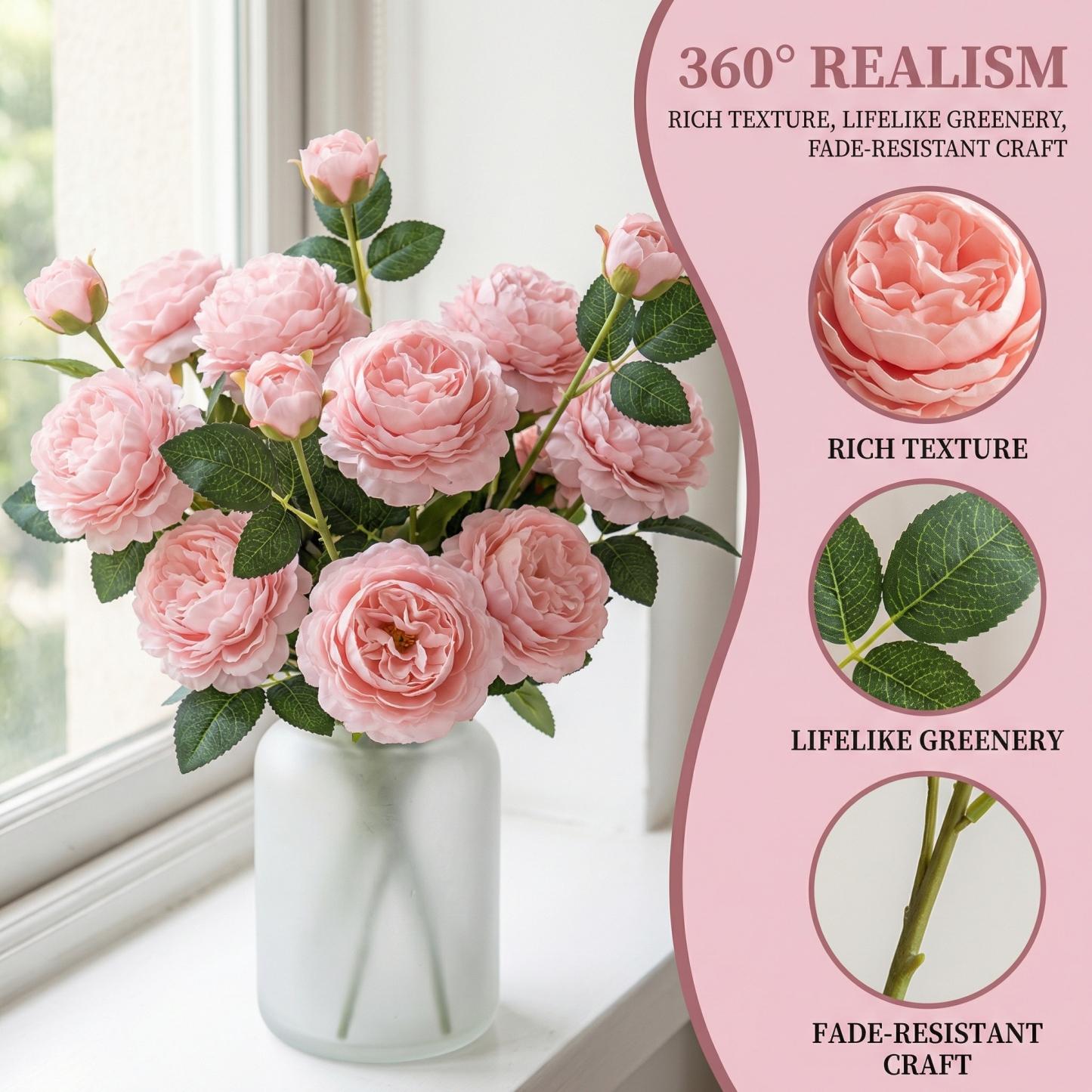 Set of 5 Real Touch 3-Head Peony Stems – Ultra Lifelike Full Bloom Artificial Flowers