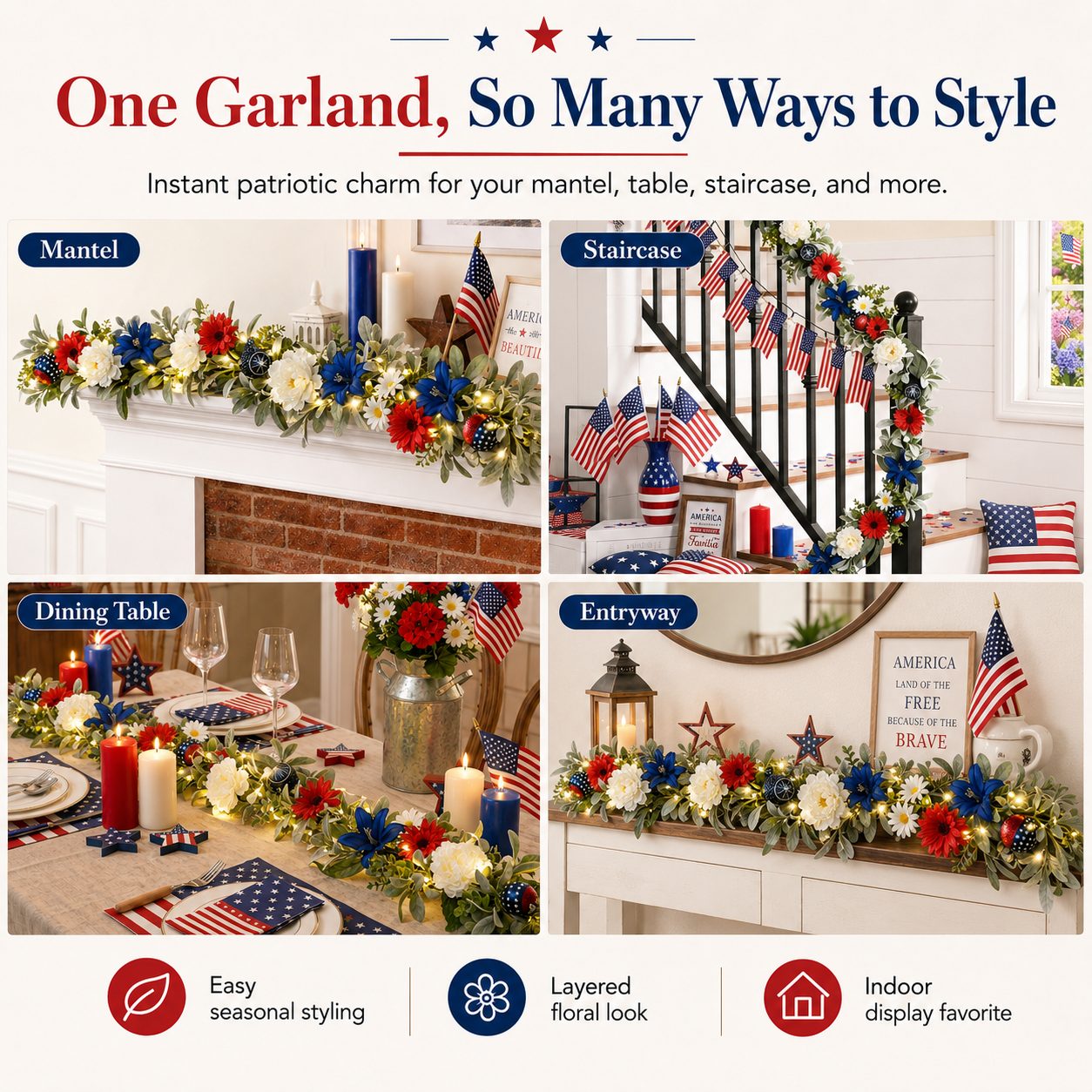 6FT Patriotic Garland with Lights