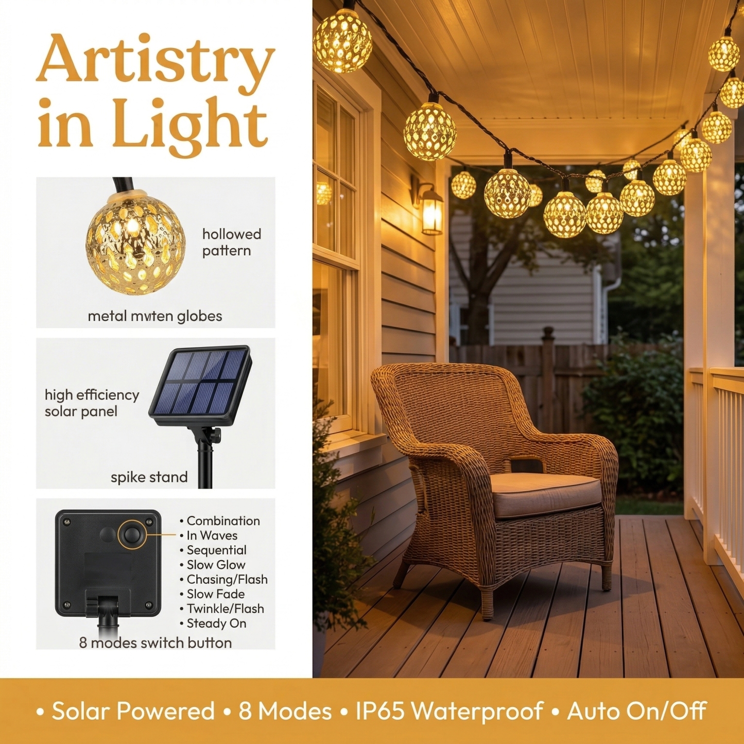 Solar Gold Moroccan String Lights – 8 Lighting Modes,Waterproof ,