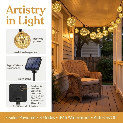 Solar Gold Moroccan String Lights – 8 Lighting Modes,Waterproof ,