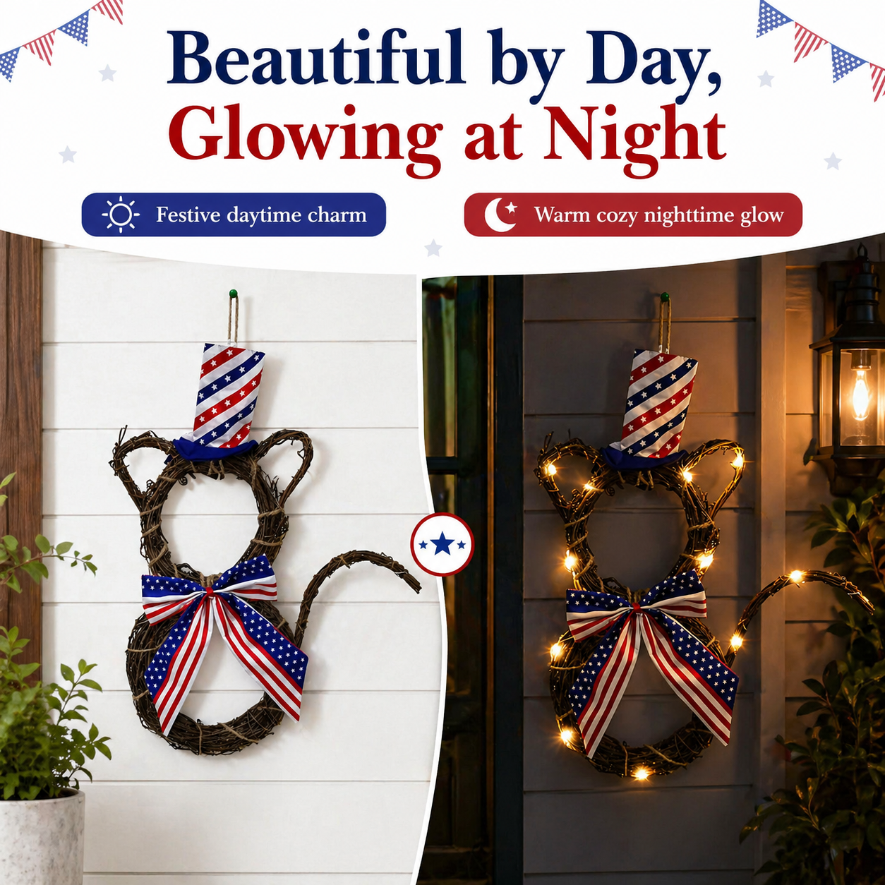 American Flag Independence Day Cat Wreath with Light