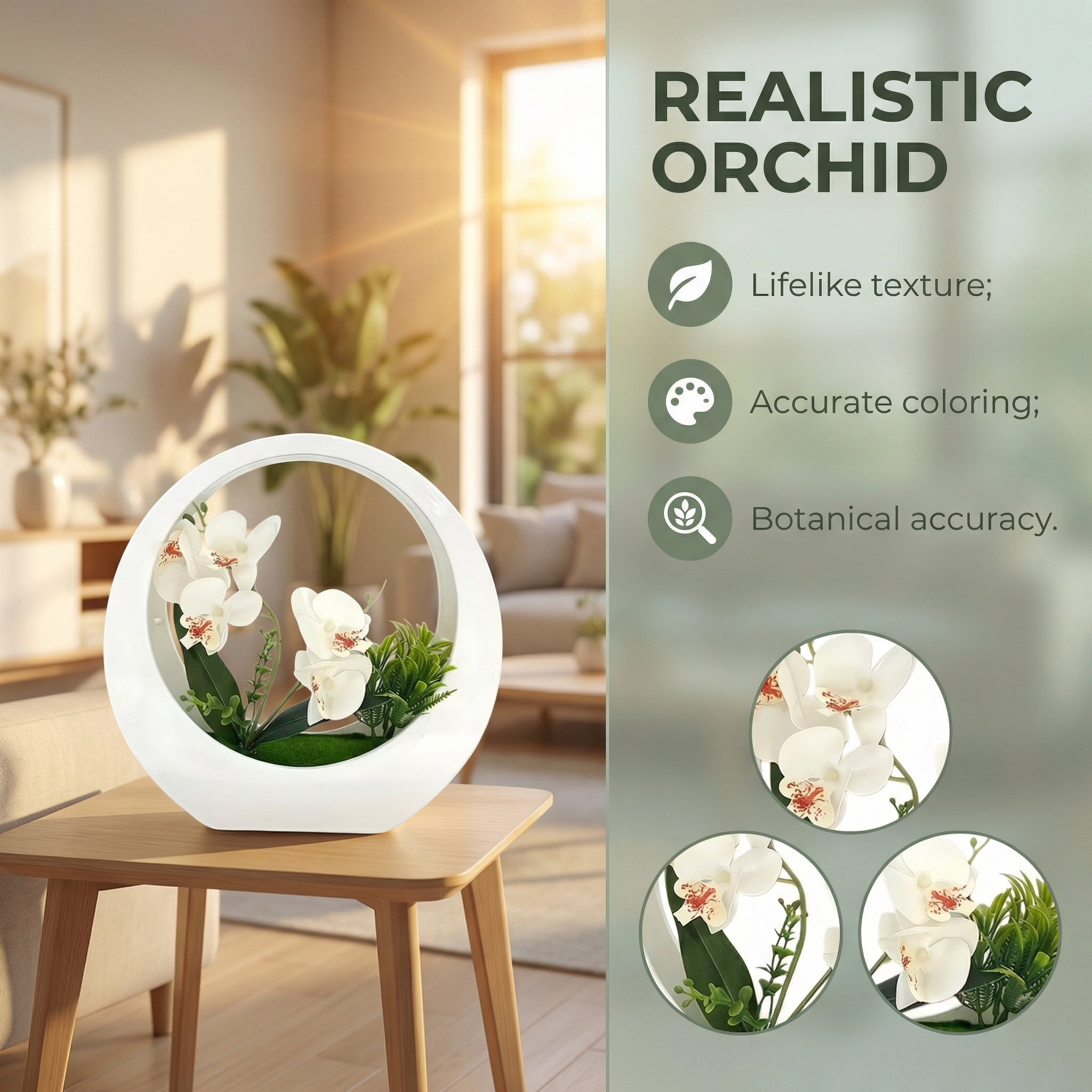 Faux Phalaenopsis Orchid in White Moon Planter – Elegant Artificial Flower Decor