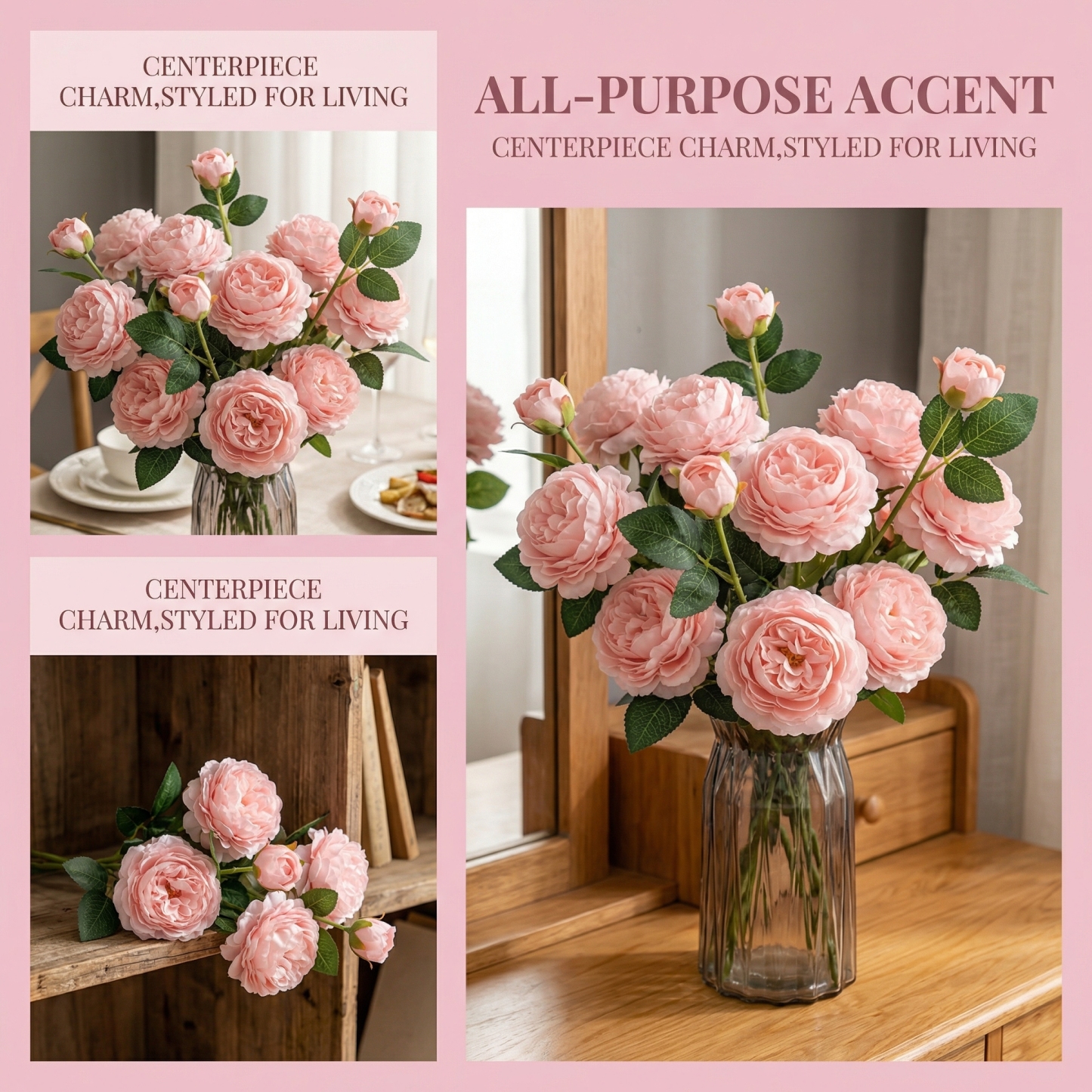 Set of 5 Real Touch 3-Head Peony Stems – Ultra Lifelike Full Bloom Artificial Flowers