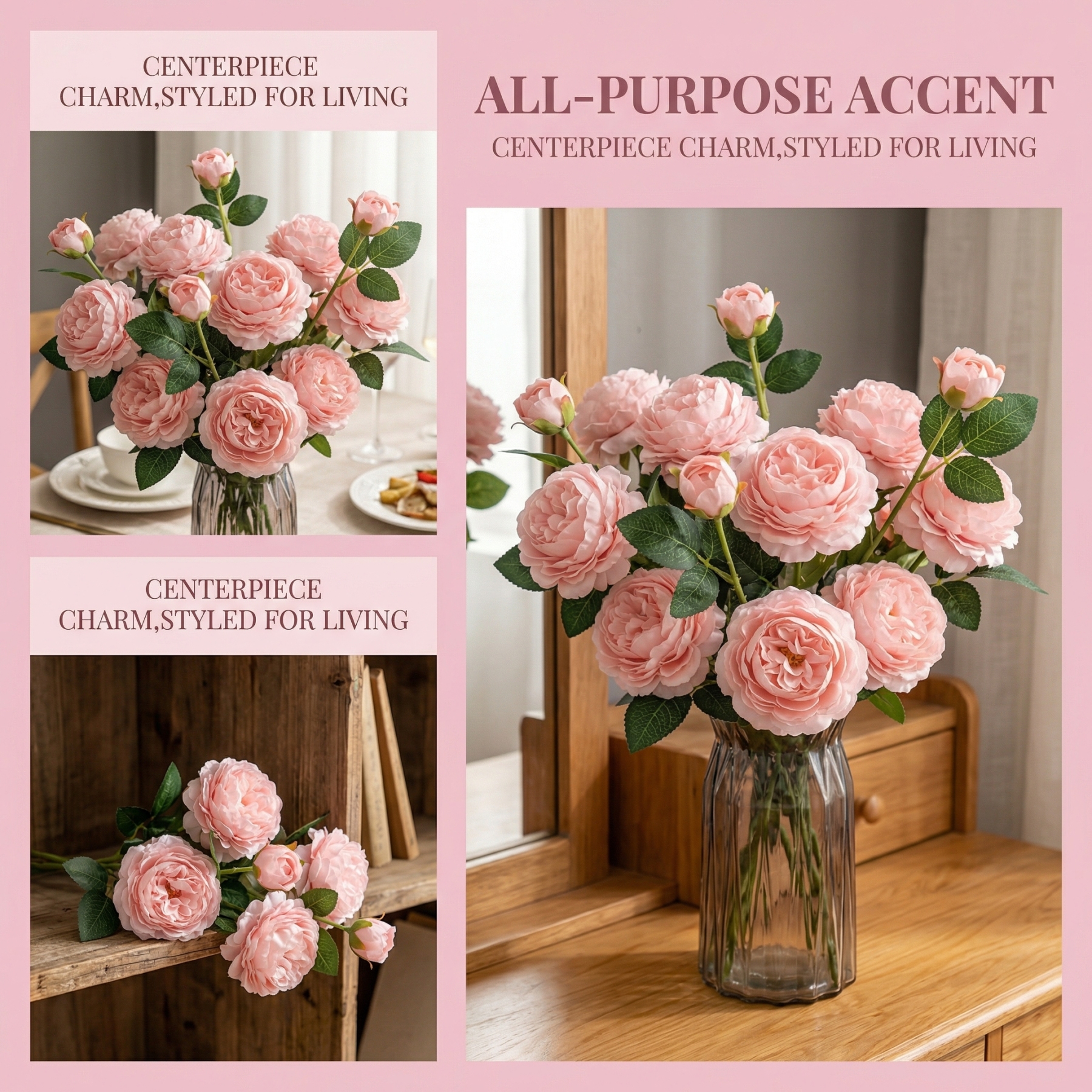 Set of 5 Real Touch 3-Head Peony Stems – Ultra Lifelike Full Bloom Artificial Flowers