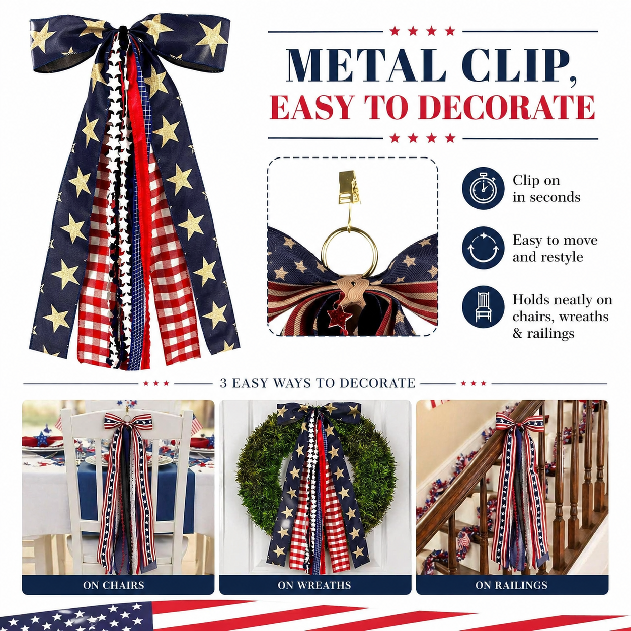 8-Ribbon Americana Star Bow with Metal Clip