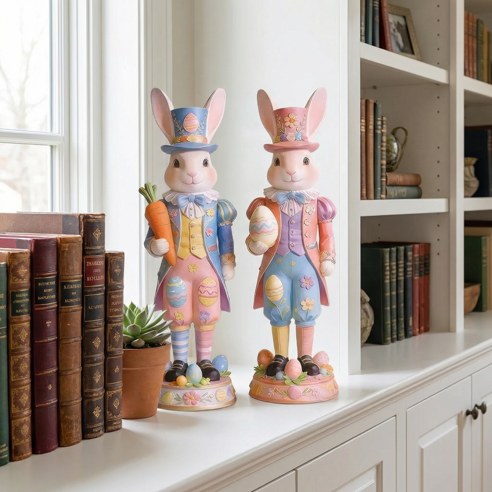 2 Packs Easter Royal Bunny Figurine – Resin Easter Egg Rabbit Tabletop Decor