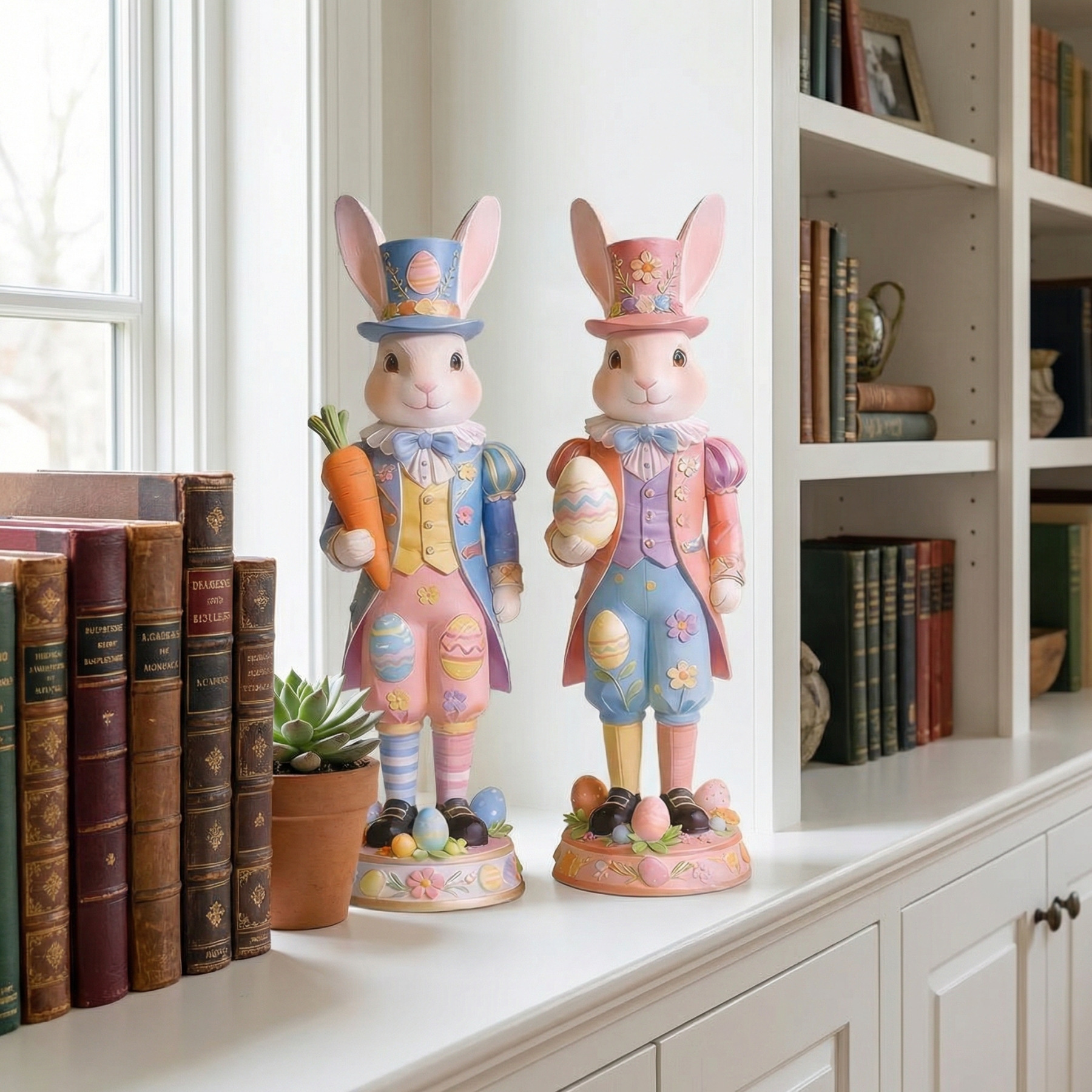 2 Packs Easter Royal Bunny Figurine – Resin Easter Egg Rabbit Tabletop Decor