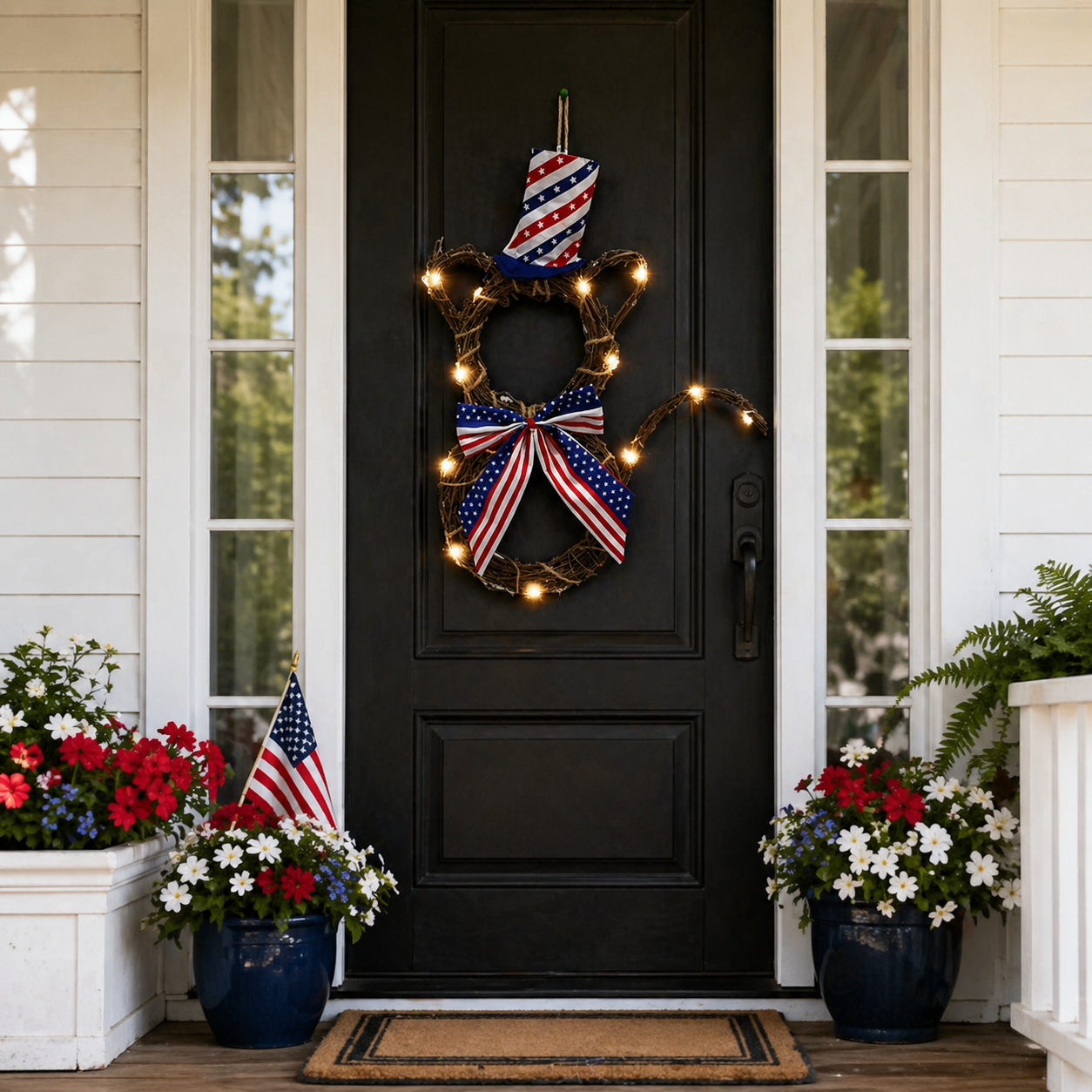 American Flag Independence Day Cat Wreath with Light