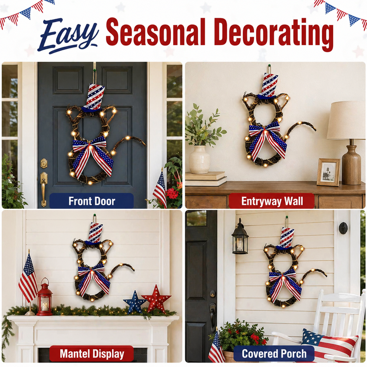 American Flag Independence Day Cat Wreath with Light