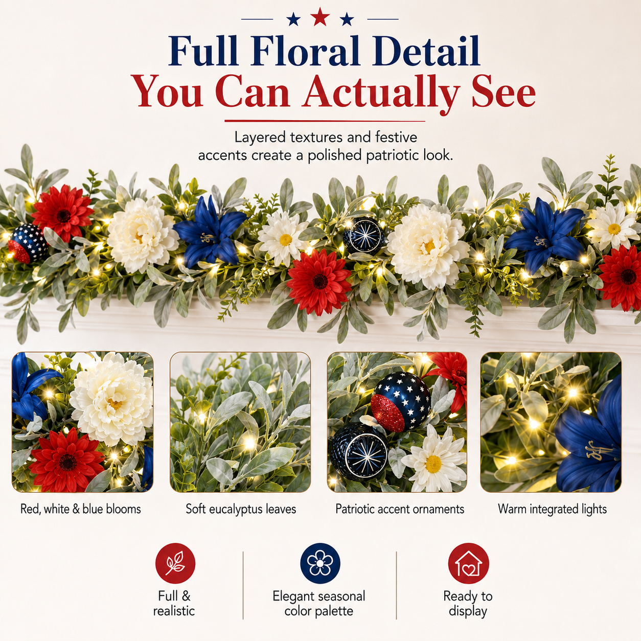 6FT Patriotic Garland with Lights