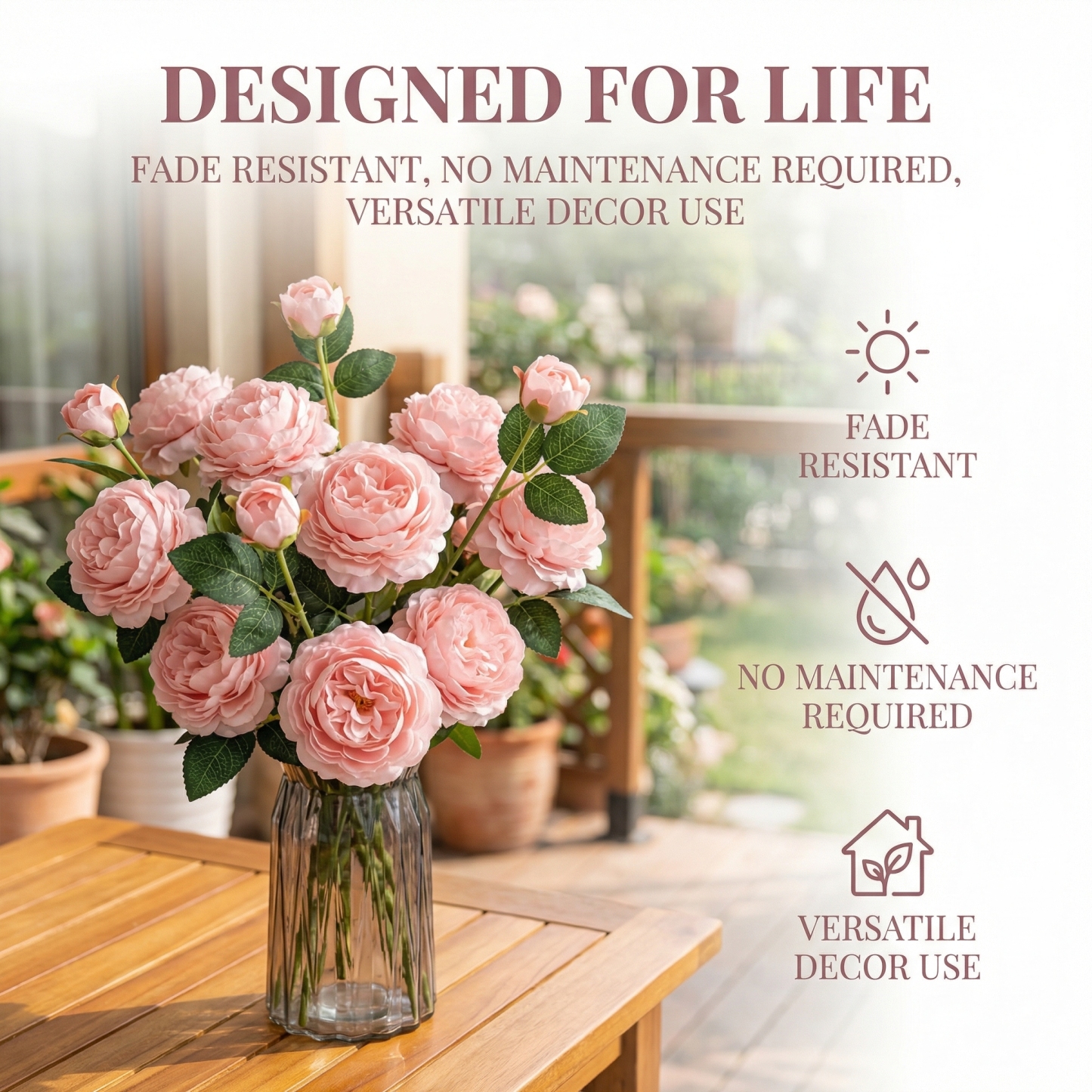 Set of 5 Real Touch 3-Head Peony Stems – Ultra Lifelike Full Bloom Artificial Flowers