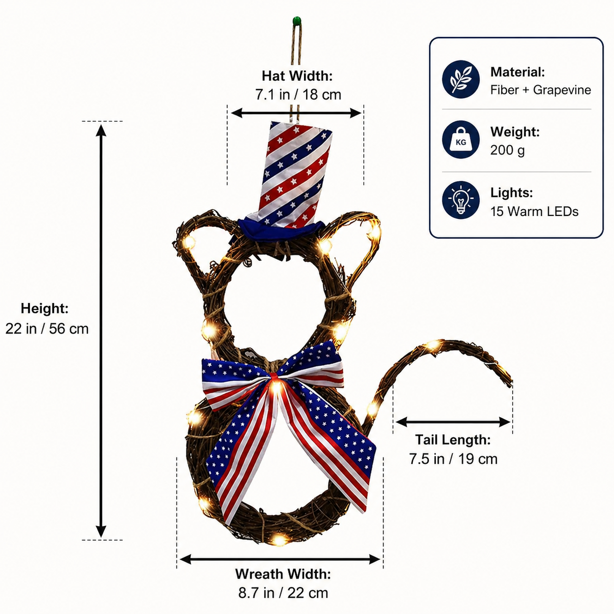 American Flag Independence Day Cat Wreath with Light