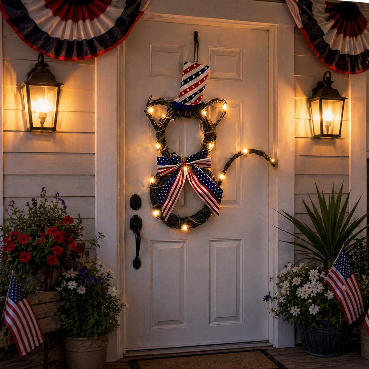 American Flag Independence Day Cat Wreath with Light