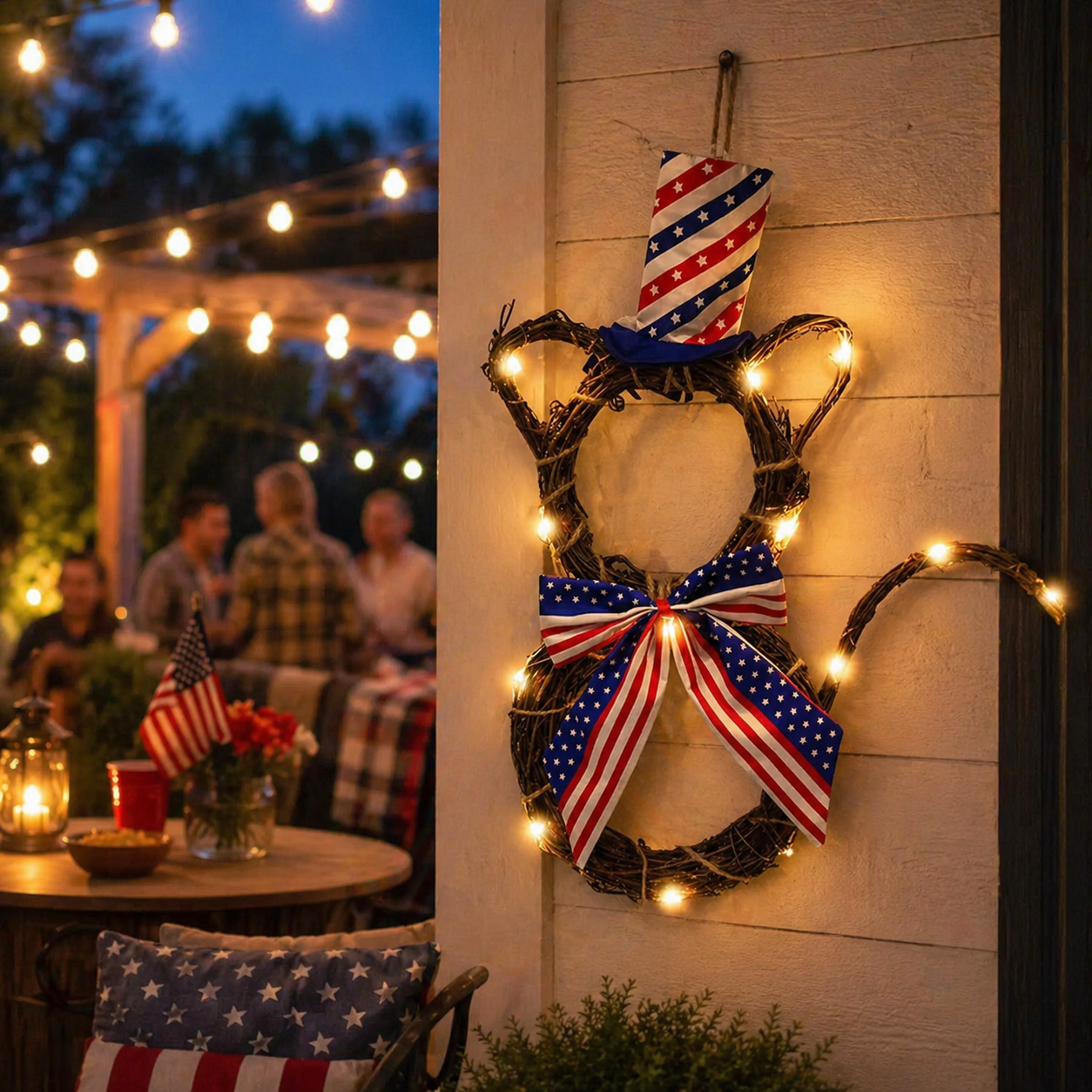 American Flag Independence Day Cat Wreath with Light