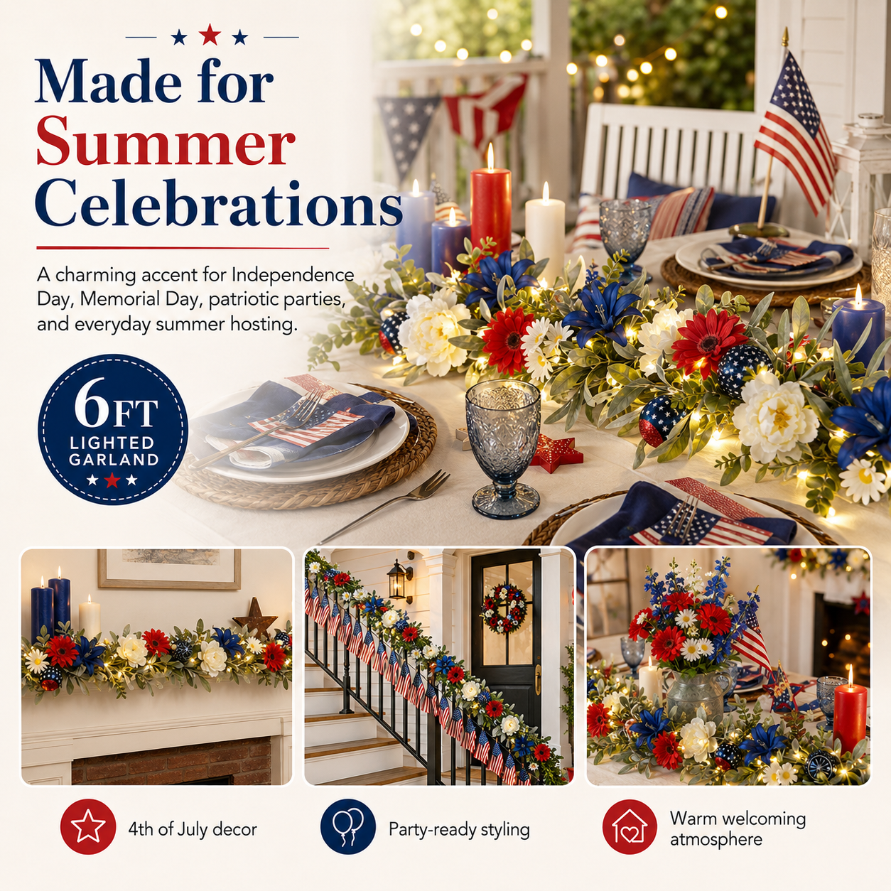 6FT Patriotic Garland with Lights