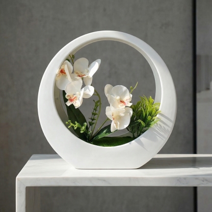 Faux Phalaenopsis Orchid in White Moon Planter – Elegant Artificial Flower Decor