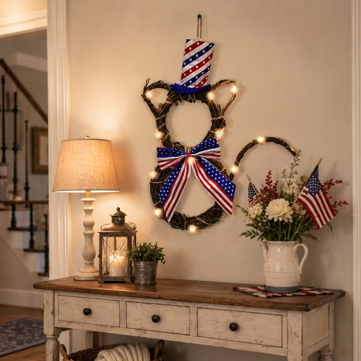 American Flag Independence Day Cat Wreath with Light