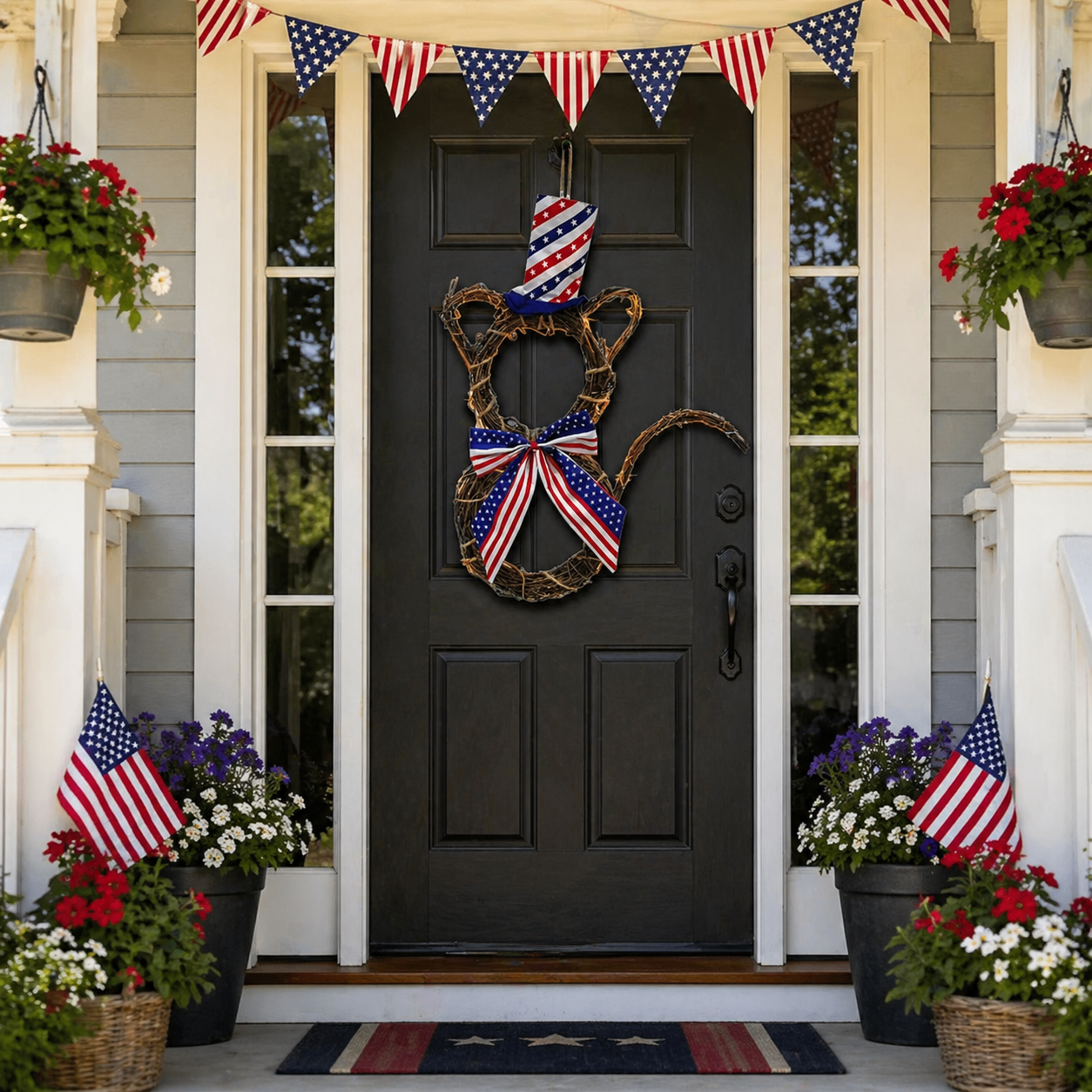 American Flag Independence Day Cat Wreath with Light