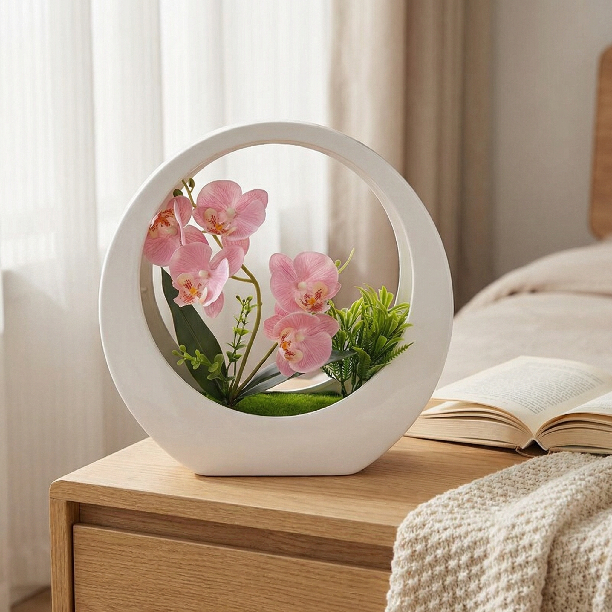 Faux Phalaenopsis Orchid in White Moon Planter – Elegant Artificial Flower Decor