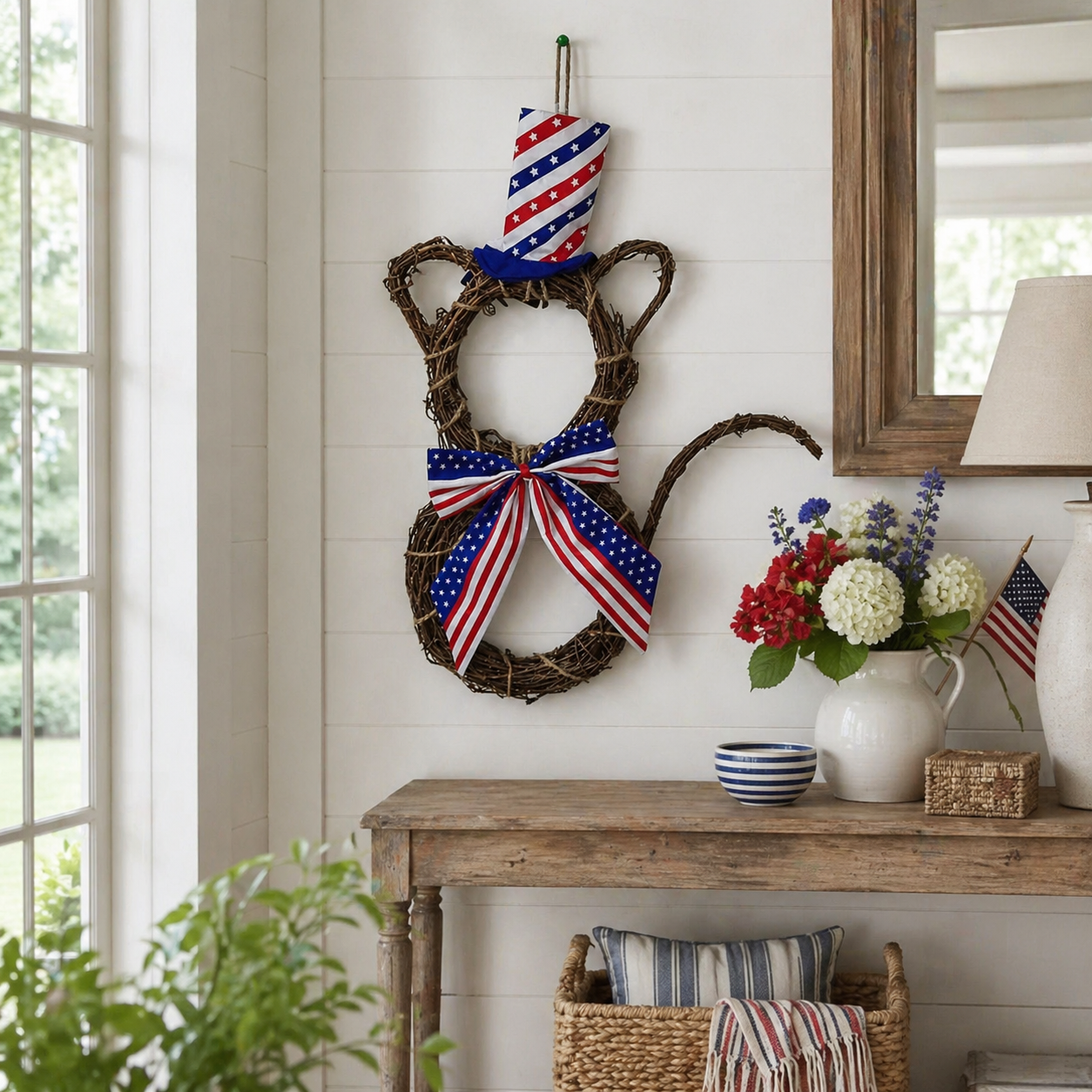 American Flag Independence Day Cat Wreath with Light