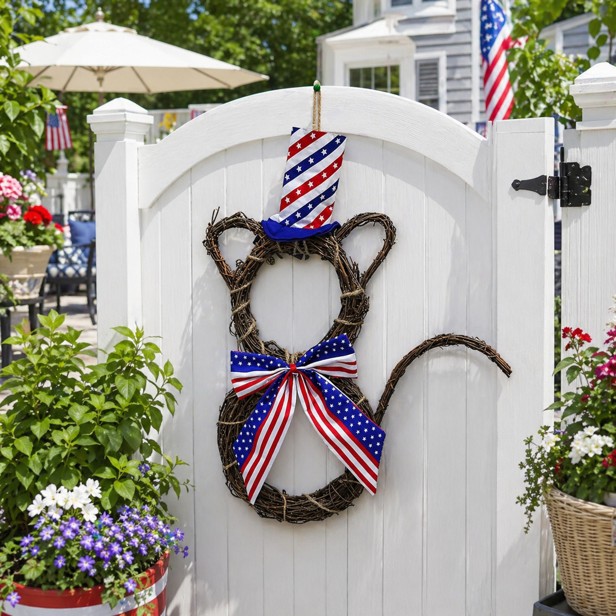American Flag Independence Day Cat Wreath with Light