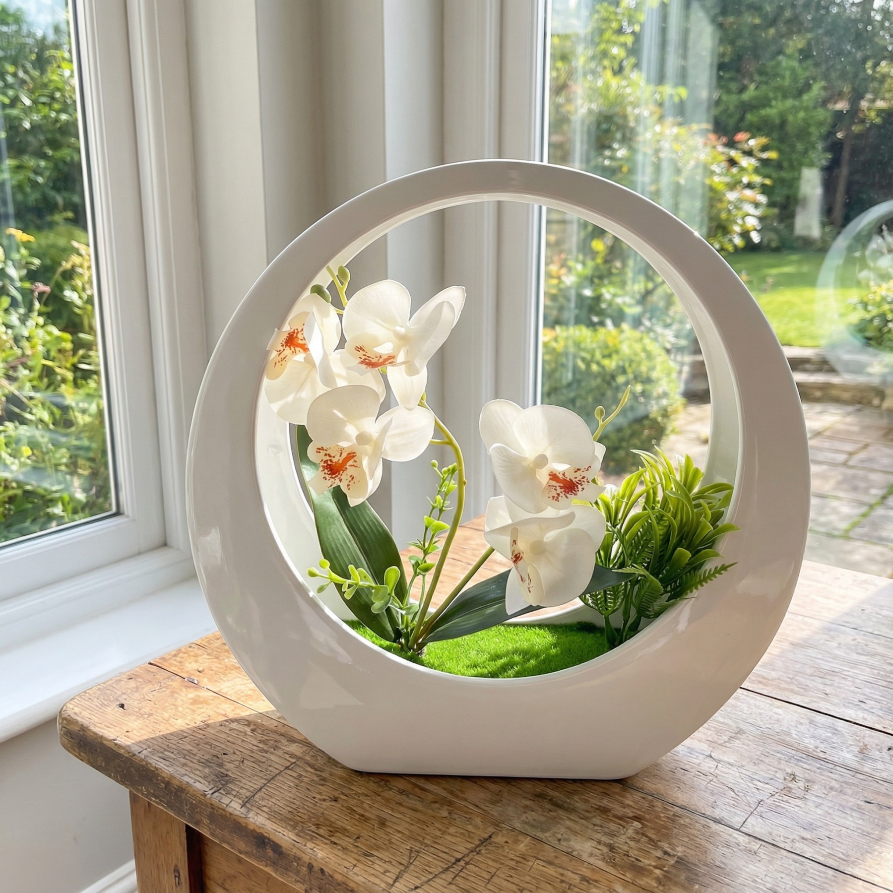 Faux Phalaenopsis Orchid in White Moon Planter – Elegant Artificial Flower Decor