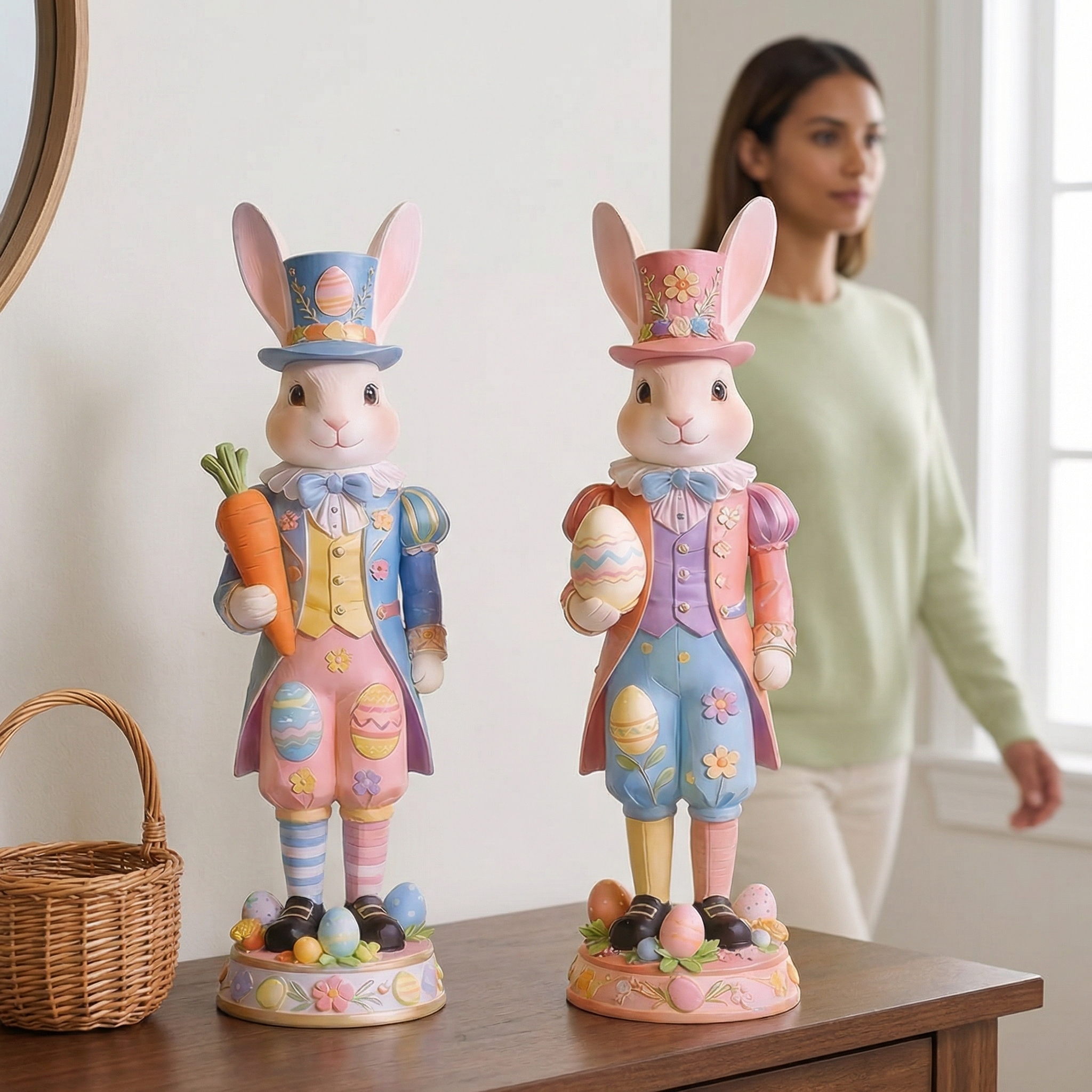 2 Packs Easter Royal Bunny Figurine – Resin Easter Egg Rabbit Tabletop Decor
