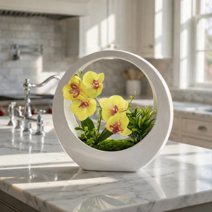 Faux Phalaenopsis Orchid in White Moon Planter – Elegant Artificial Flower Decor