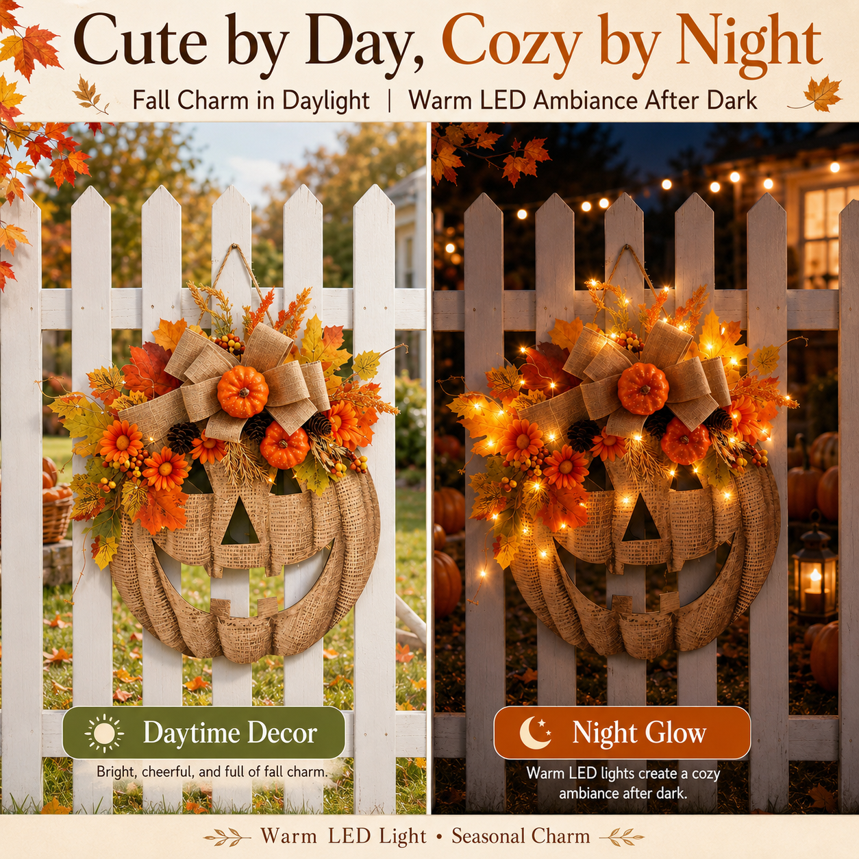 15.7in(H)× 13.66 in(w）Lighted Burlap Pumpkin Wreath with Remote Control 🎃✨