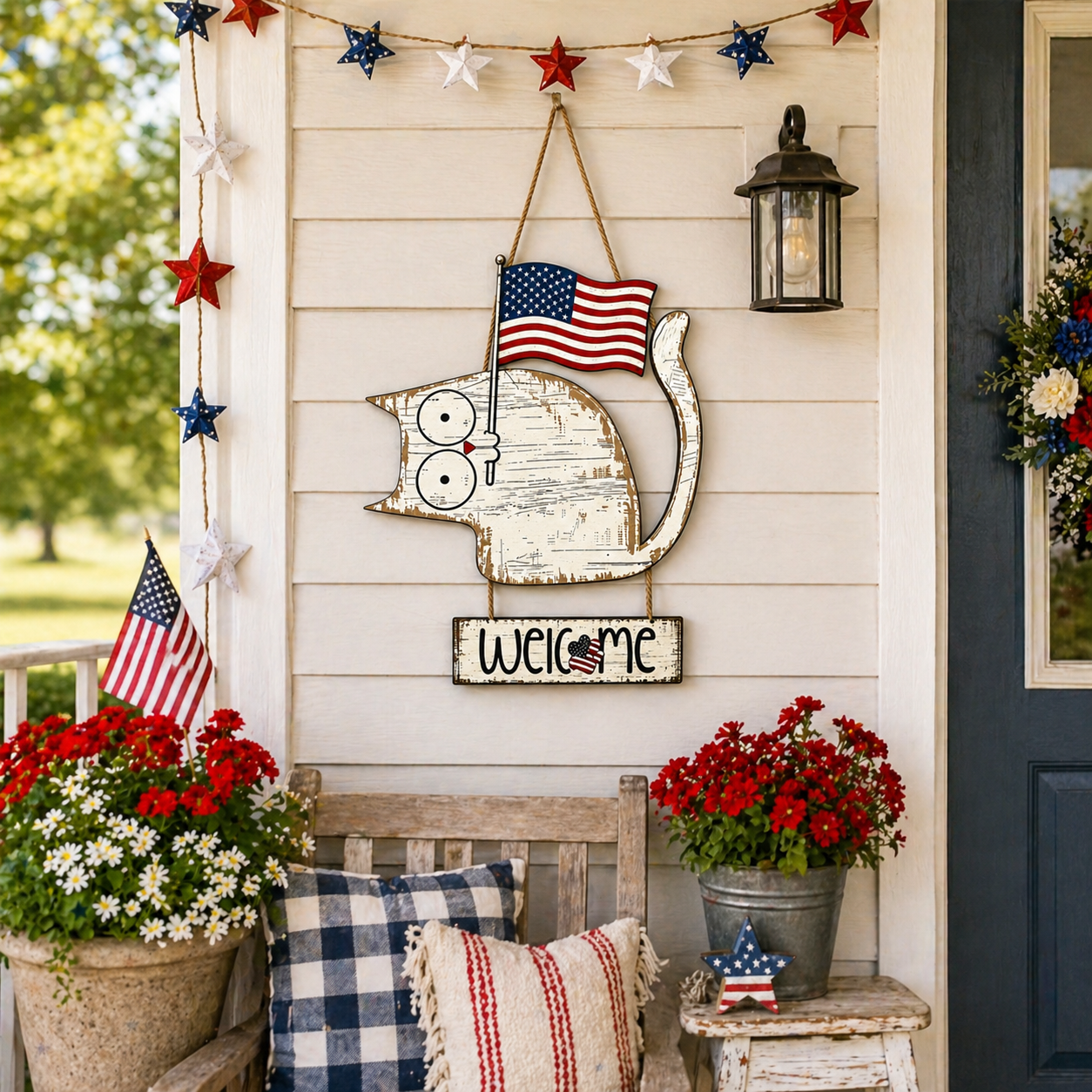 Patriotic Cat Welcome Sign Wooden Hanging Decor