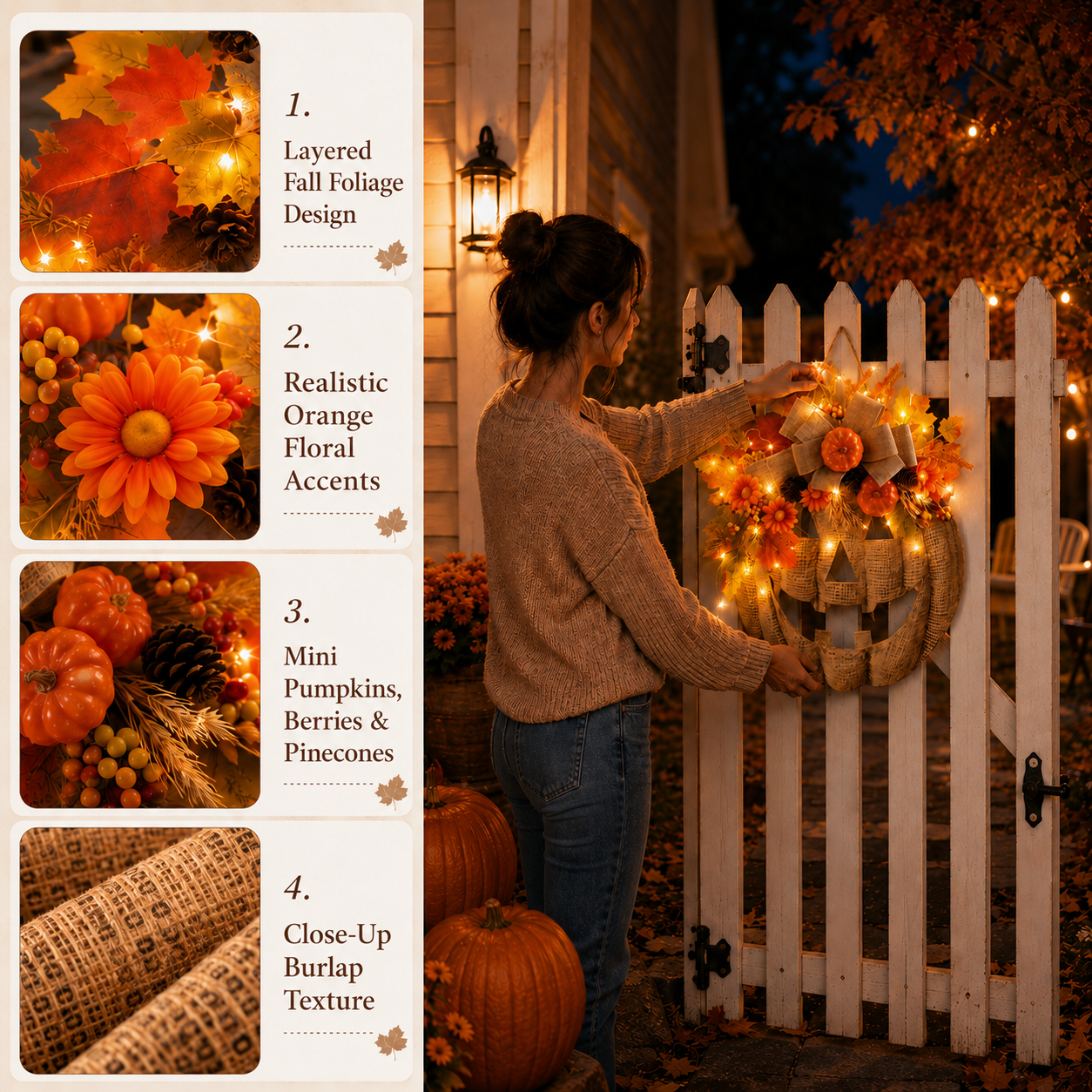 15.7in(H)× 13.66 in(w）Lighted Burlap Pumpkin Wreath with Remote Control 🎃✨