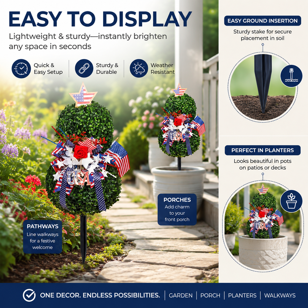 4th of July Artificial Boxwood Topiary with USA Bow, Mini American Flag & Star Topper