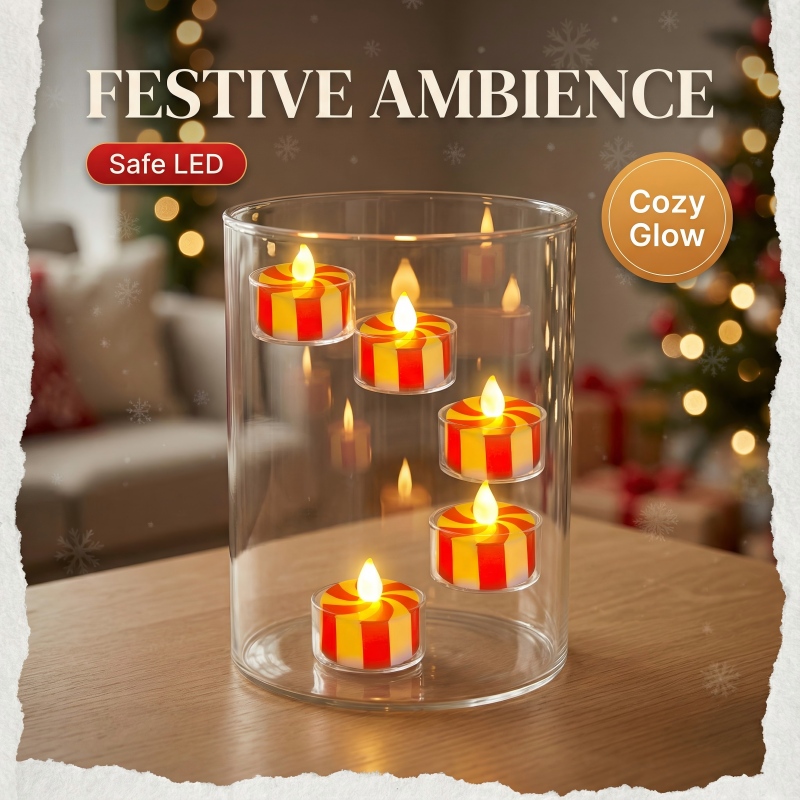 Christmas Flameless Tealight Candles(5PCS) With Glass Cylinder Candle Holder