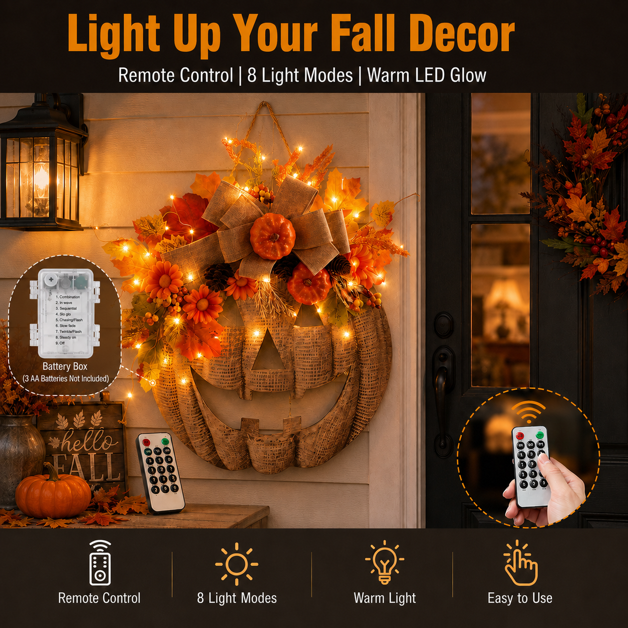15.7in(H)× 13.66 in(w）Lighted Burlap Pumpkin Wreath with Remote Control 🎃✨
