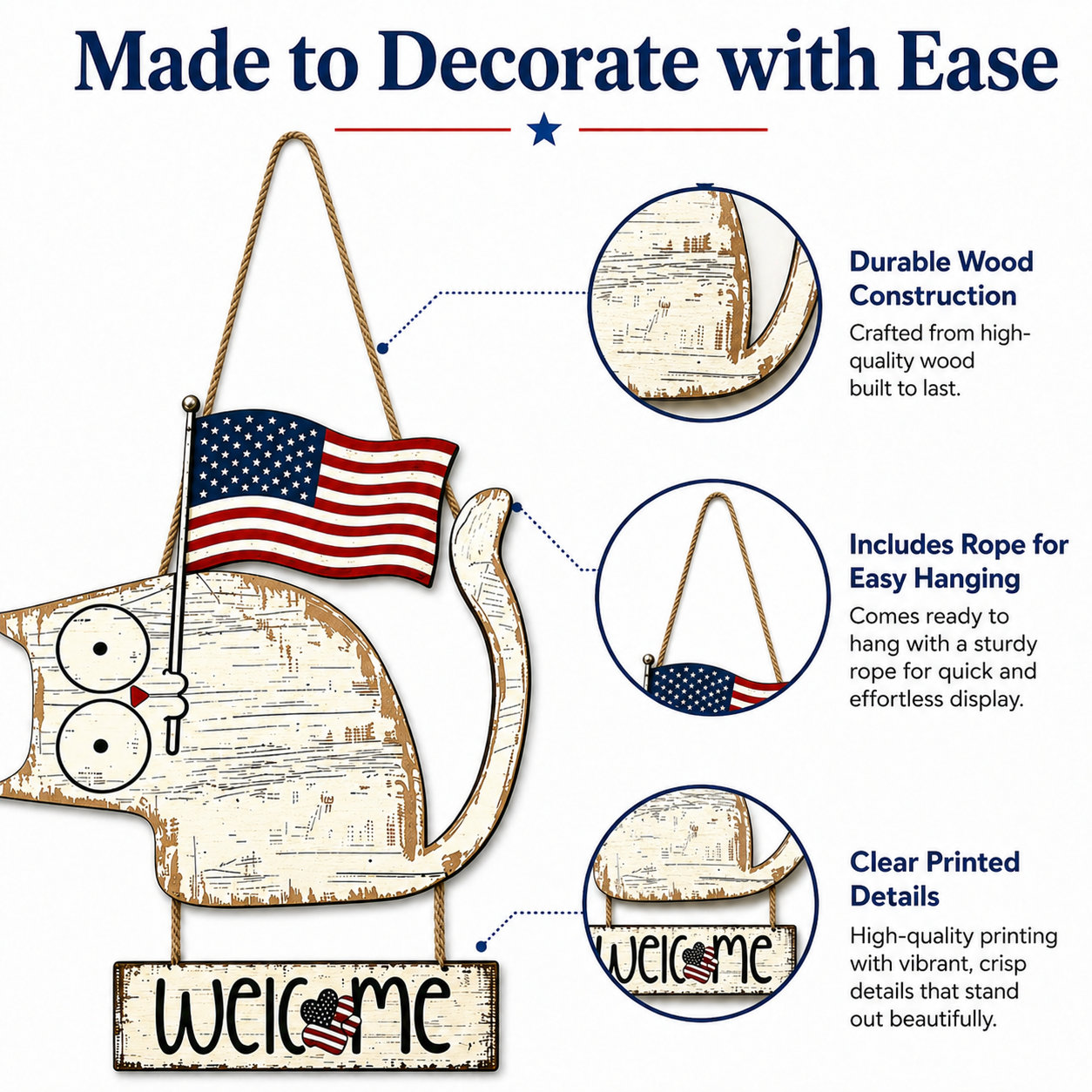 Patriotic Cat Welcome Sign Wooden Hanging Decor