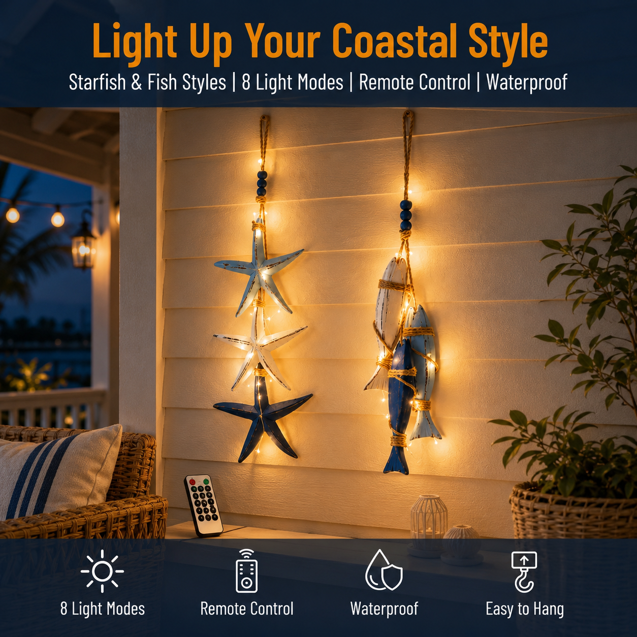 Lighted Coastal Wooden Starfish & Fish Hanging Decor
