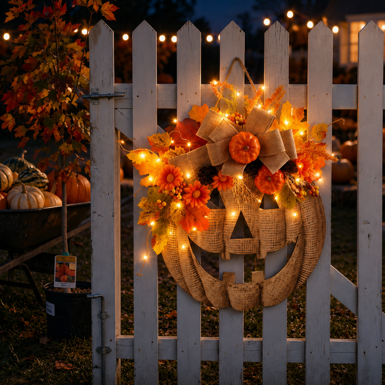 15.7in(H)× 13.66 in(w）Lighted Burlap Pumpkin Wreath with Remote Control 🎃✨