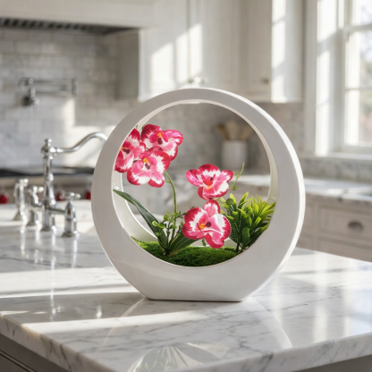 Faux Phalaenopsis Orchid in White Moon Planter – Elegant Artificial Flower Decor
