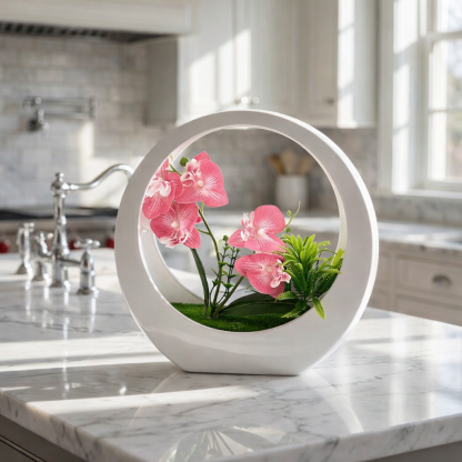Faux Phalaenopsis Orchid in White Moon Planter – Elegant Artificial Flower Decor