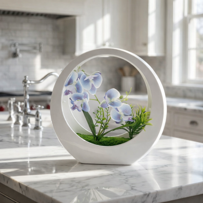 Faux Phalaenopsis Orchid in White Moon Planter – Elegant Artificial Flower Decor