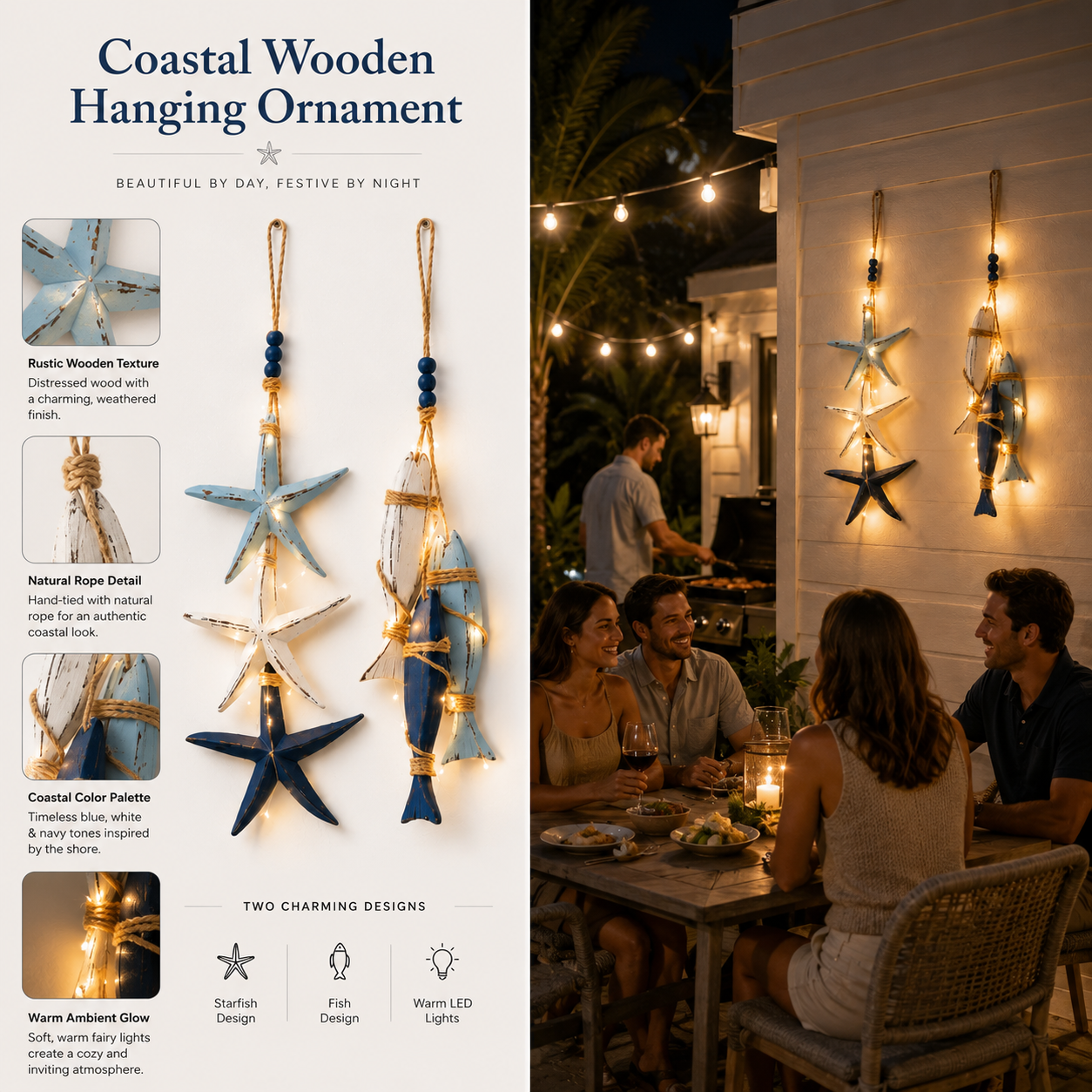 Lighted Coastal Wooden Starfish & Fish Hanging Decor