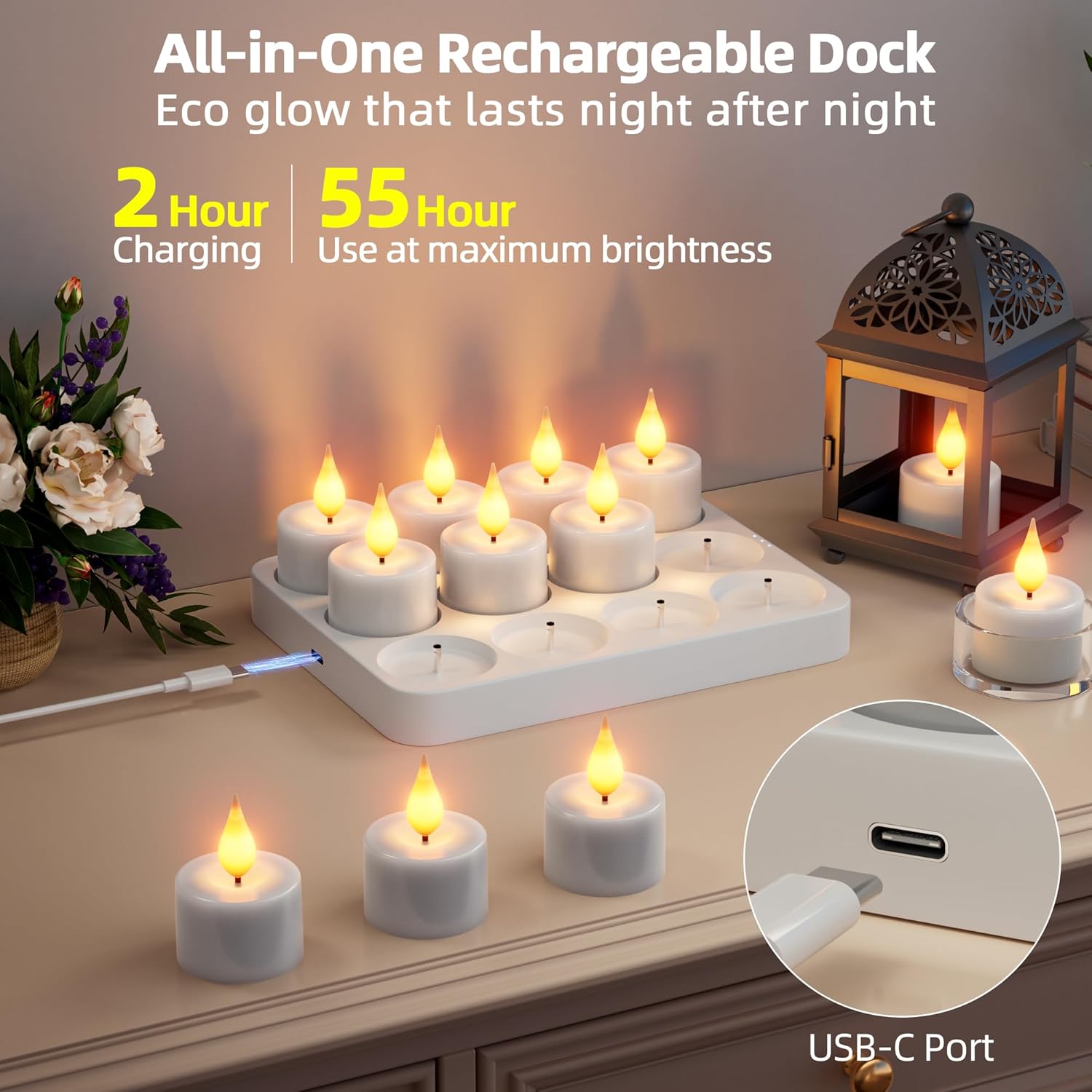12 Pcs Rechargeable Tea Lights with Remote Timer and Charging Base