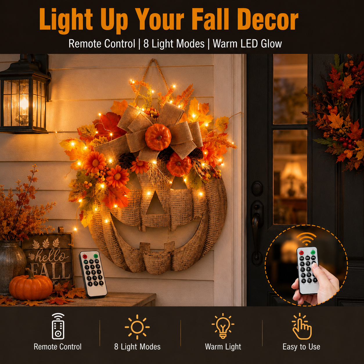 15.7in(H)× 13.66 in(w）Lighted Burlap Pumpkin Wreath with Remote Control 🎃✨