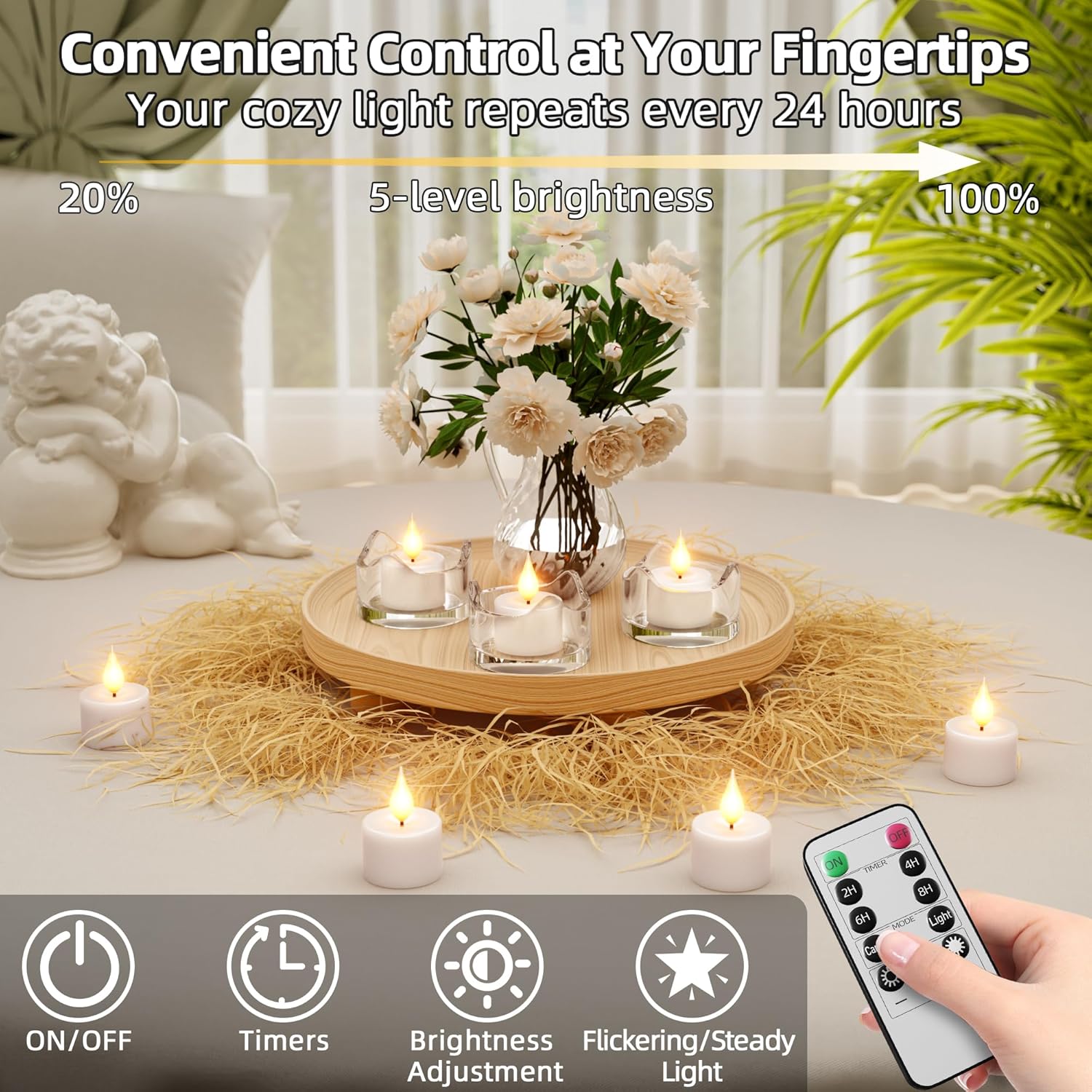 12 Pcs Rechargeable Tea Lights with Remote Timer and Charging Base