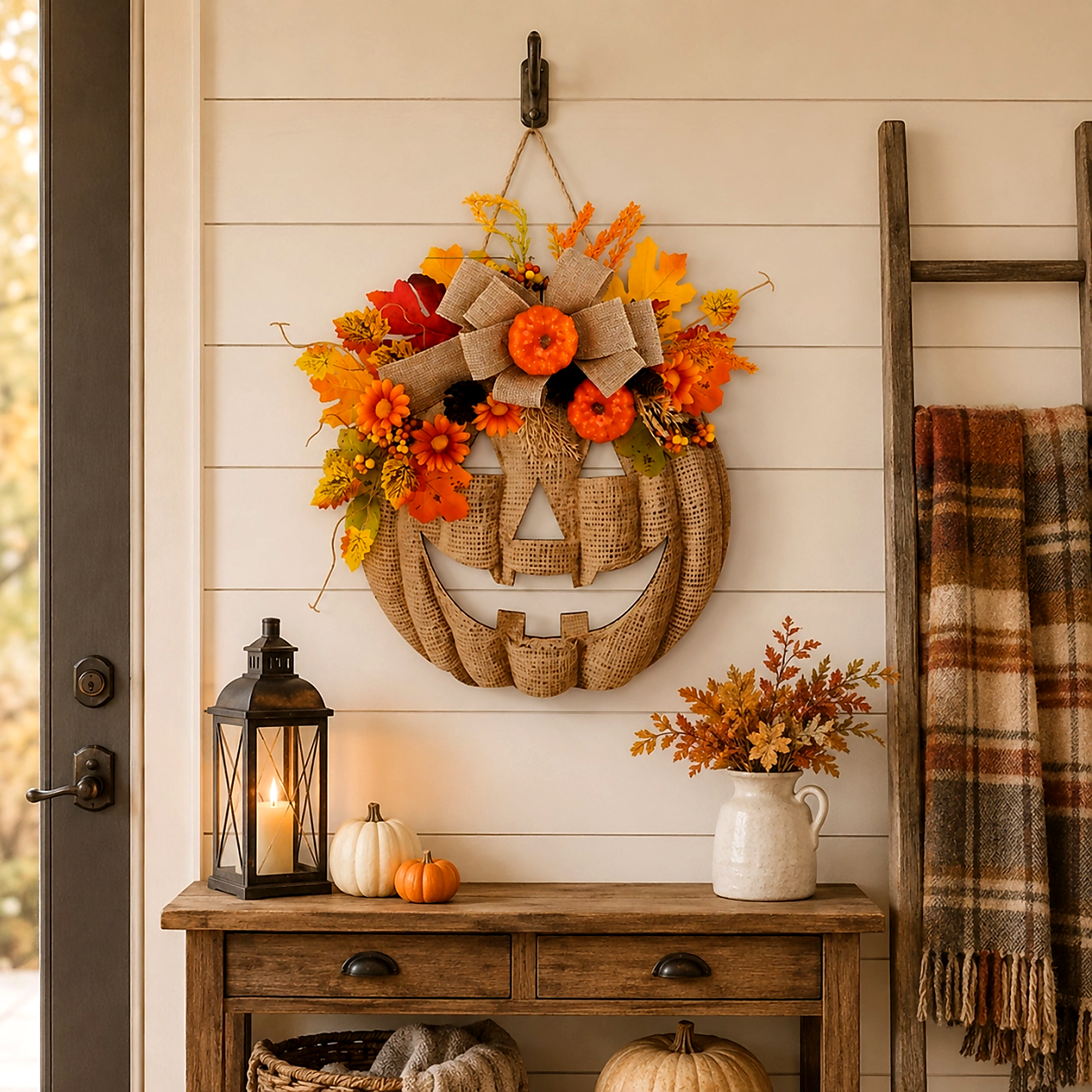 15.7in(H)× 13.66 in(w）Lighted Burlap Pumpkin Wreath with Remote Control 🎃✨