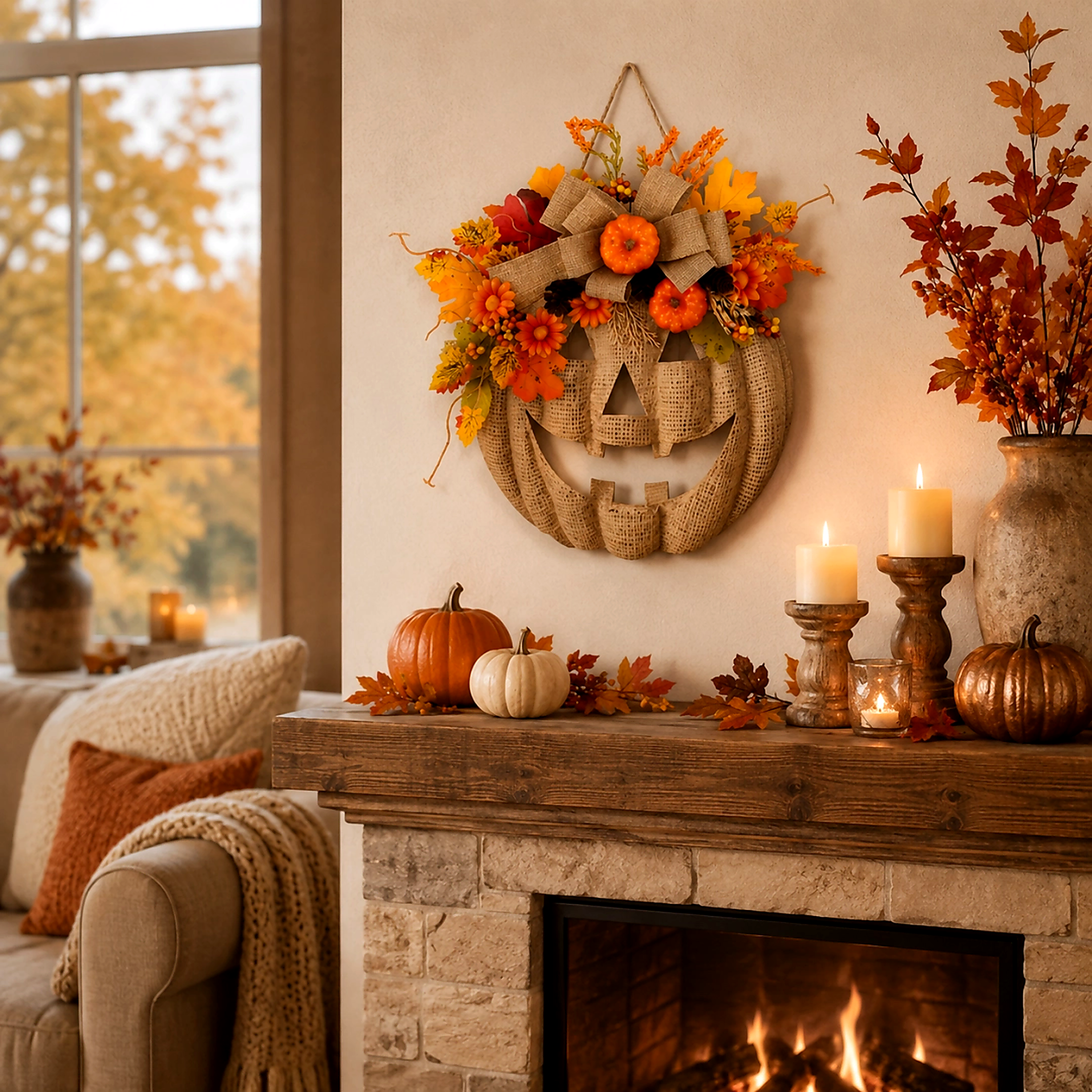 15.7in(H)× 13.66 in(w）Lighted Burlap Pumpkin Wreath with Remote Control 🎃✨