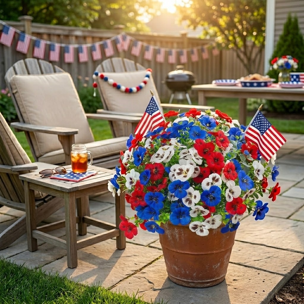 Artificial Patriotic Pansy Flowers for Planters, Red White Blue Faux Flowers for Porch, Garden & Window Box