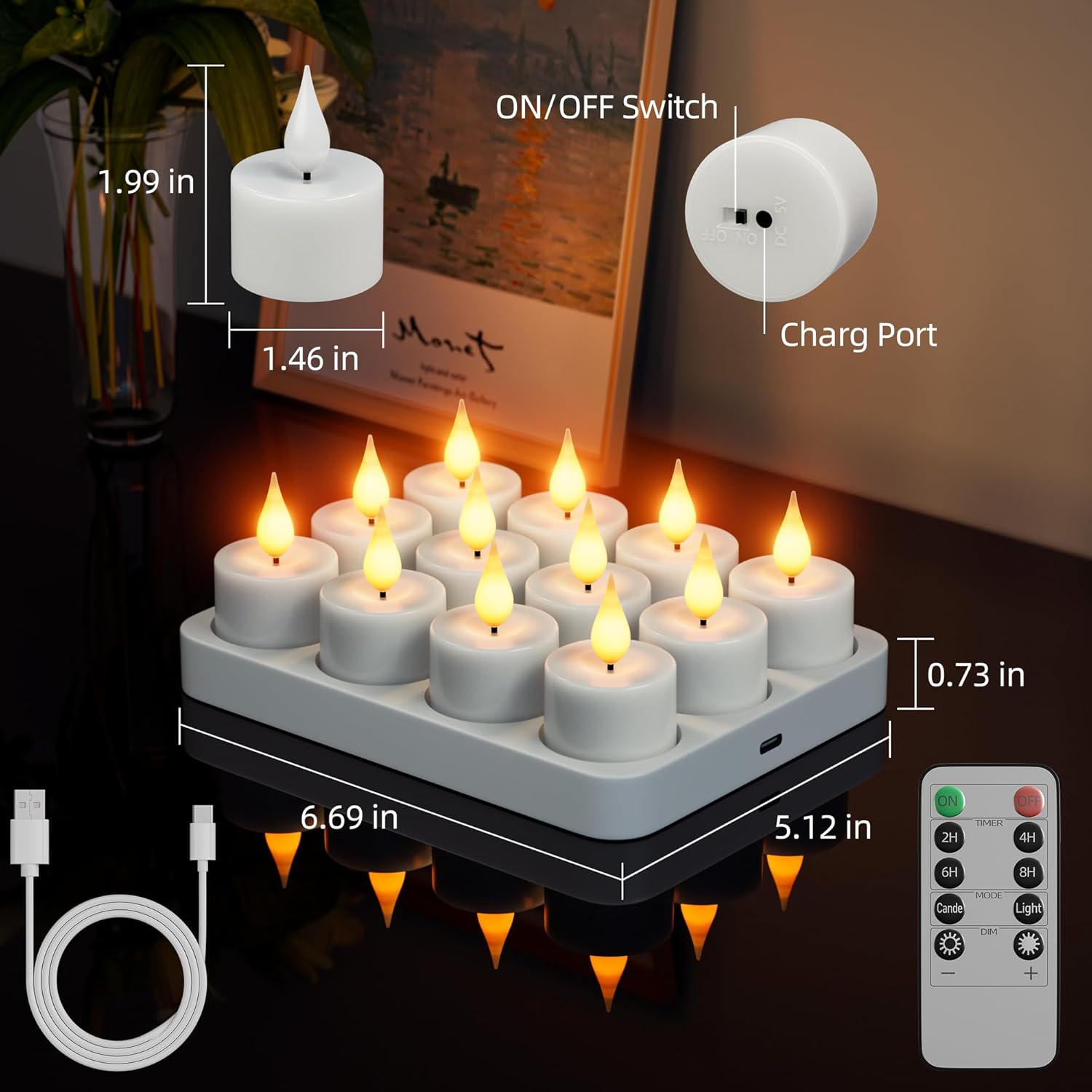 12 Pcs Rechargeable Tea Lights with Remote Timer and Charging Base