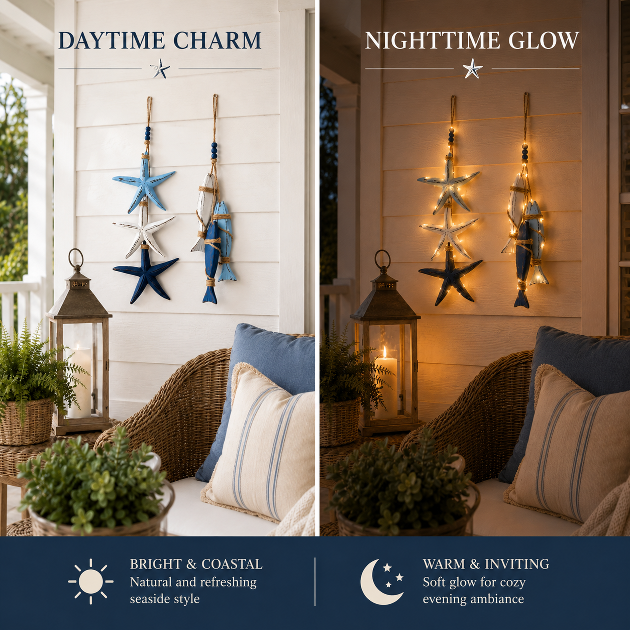 Lighted Coastal Wooden Starfish & Fish Hanging Decor