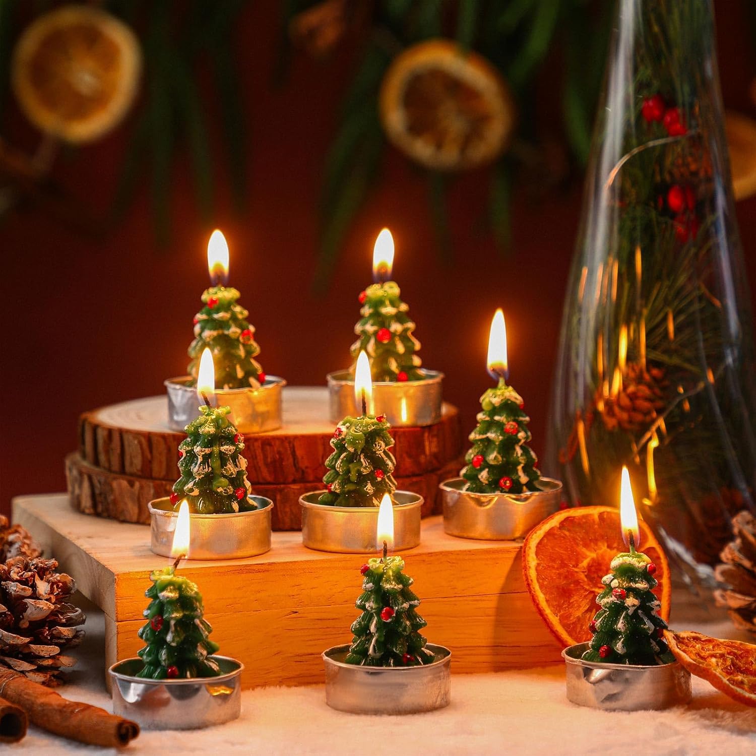 🎄Early Christmas Sale-12PCS/PACKAGE Handmade Delicate Small Christmas Tealight Candles & Glass Cylinder  Candle Holder 